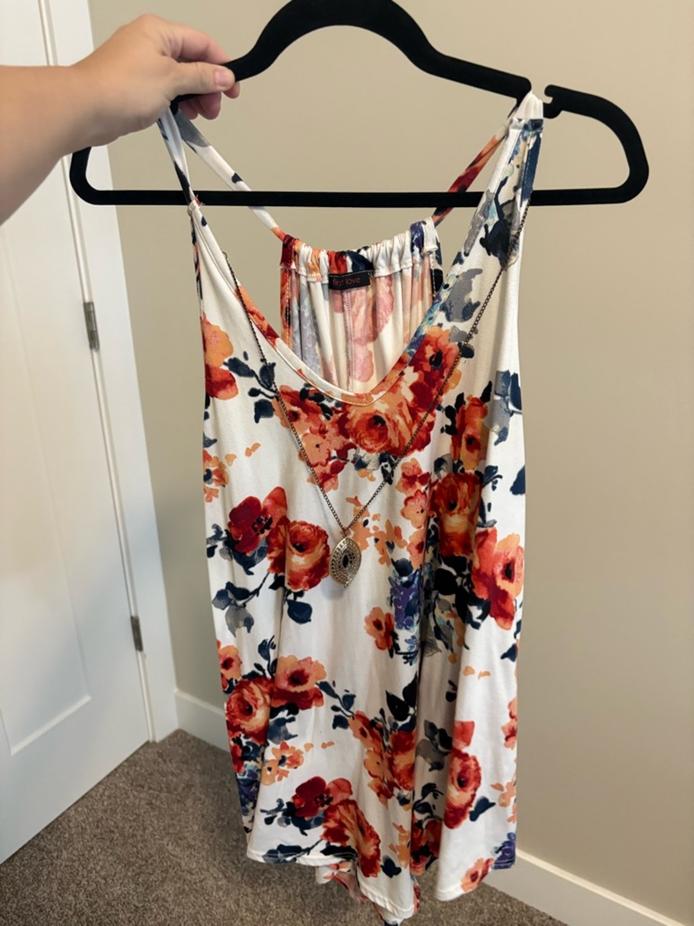 Floral Sleeveless tank top with Orange & Navy Blooms